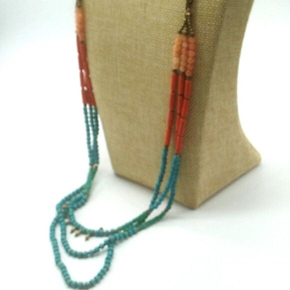 3 Strand Beaded Necklace Silver-tone Round Spacers & Spikes on 2 Leather Cords - Picture 9 of 16